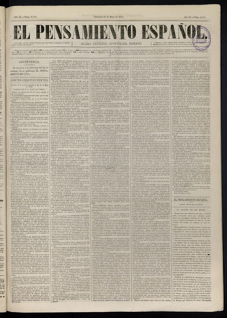 Miniatura de El Pensamiento Español del 25 de mayo de 1870, nº 3170