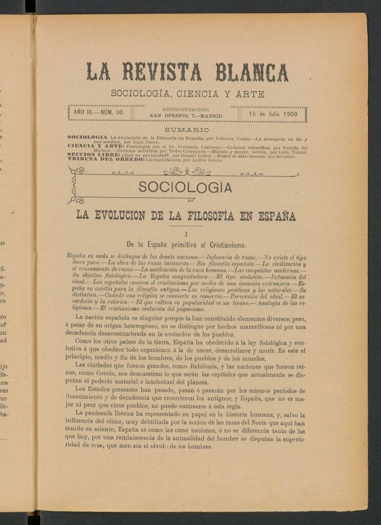 Miniatura de La Revista Blanca : publicación quincenal de sociología, ciencias y artes del 15 de julio de 1900