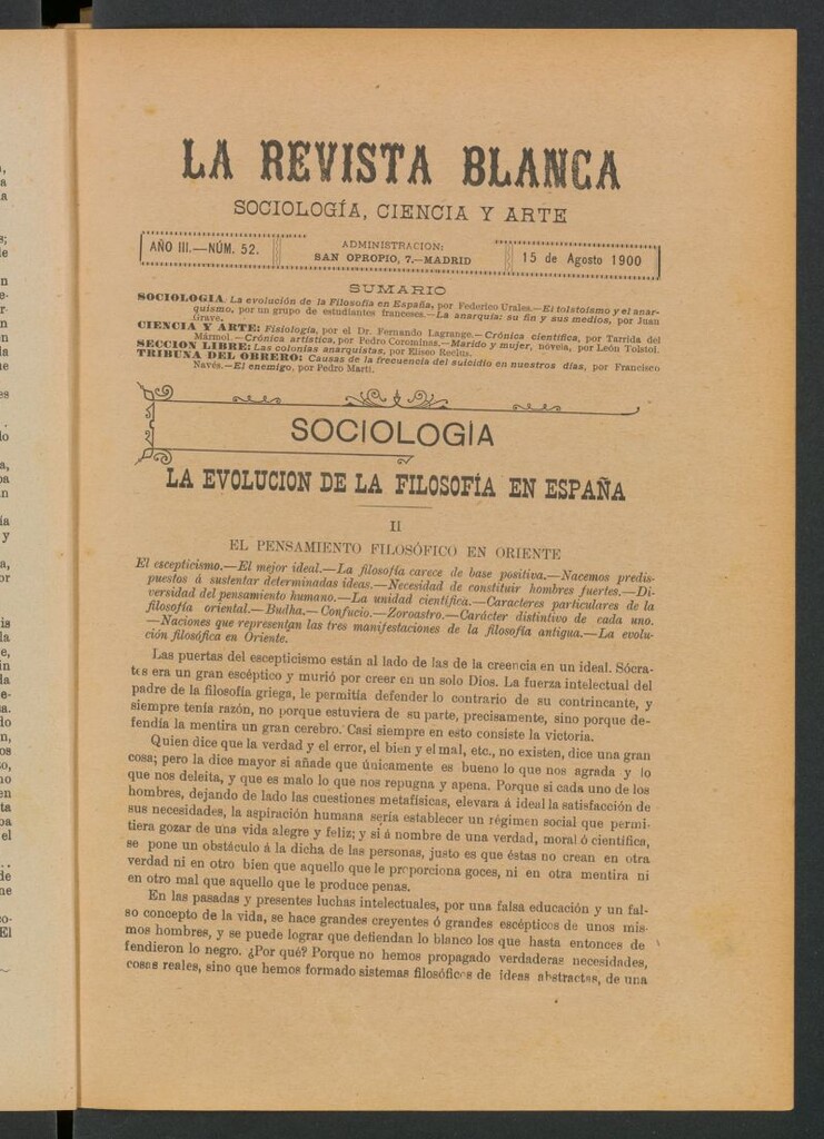 Miniatura de La Revista Blanca : publicación quincenal de sociología, ciencias y artes del 15 de agosto de 1900