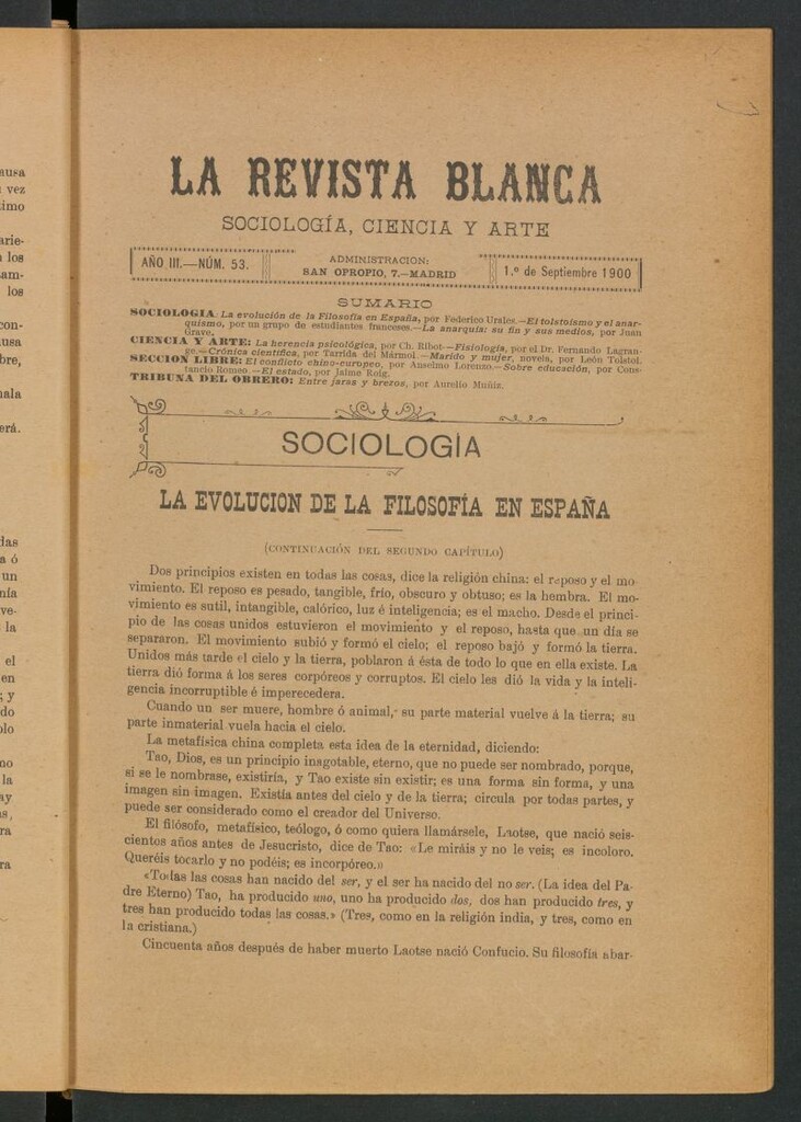 Miniatura de La Revista Blanca : publicación quincenal de sociología, ciencias y artes del 1 de septiembre de 1900