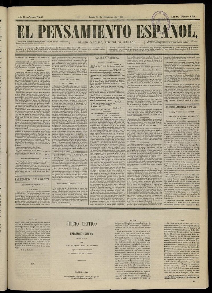 Miniatura de El Pensamiento Español del 10 de septiembre de 1868, nº 2656