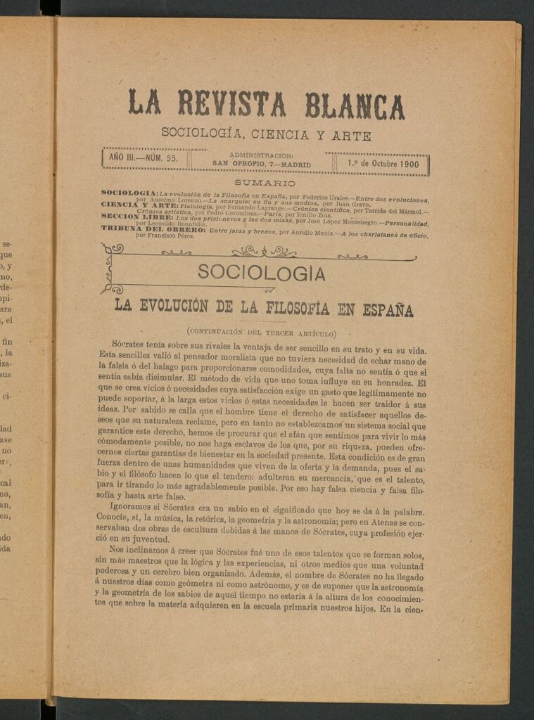 Miniatura de La Revista Blanca : publicación quincenal de sociología, ciencias y artes del 1 de octubre de 1900