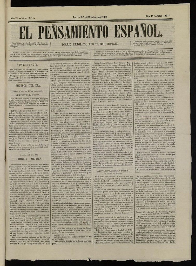 Miniatura de El Pensamiento Español del 1 de octubre de 1868, nº 2672
