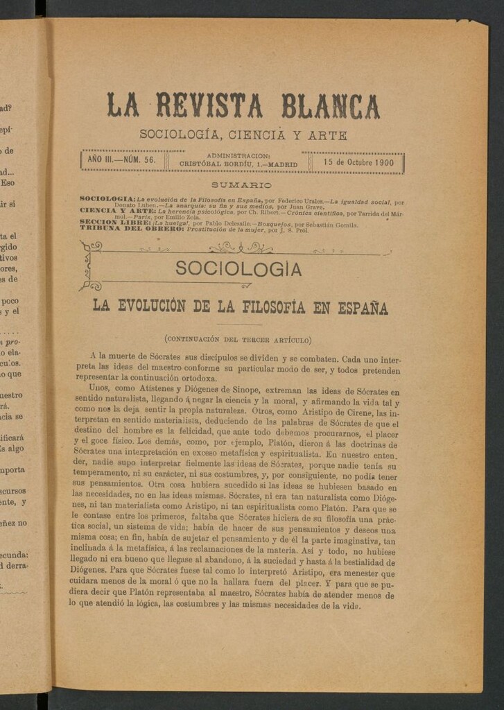 Miniatura de La Revista Blanca : publicación quincenal de sociología, ciencias y artes del 15 de octubre de 1900