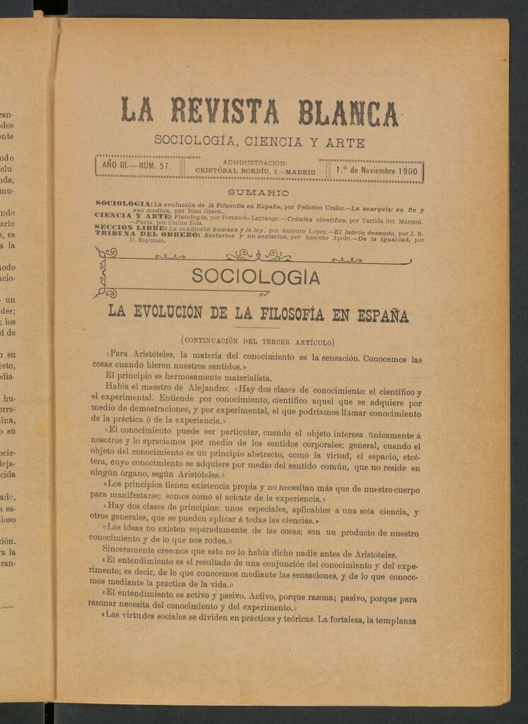 Miniatura de La Revista Blanca : publicación quincenal de sociología, ciencias y artes del 1 de noviembre de 1900