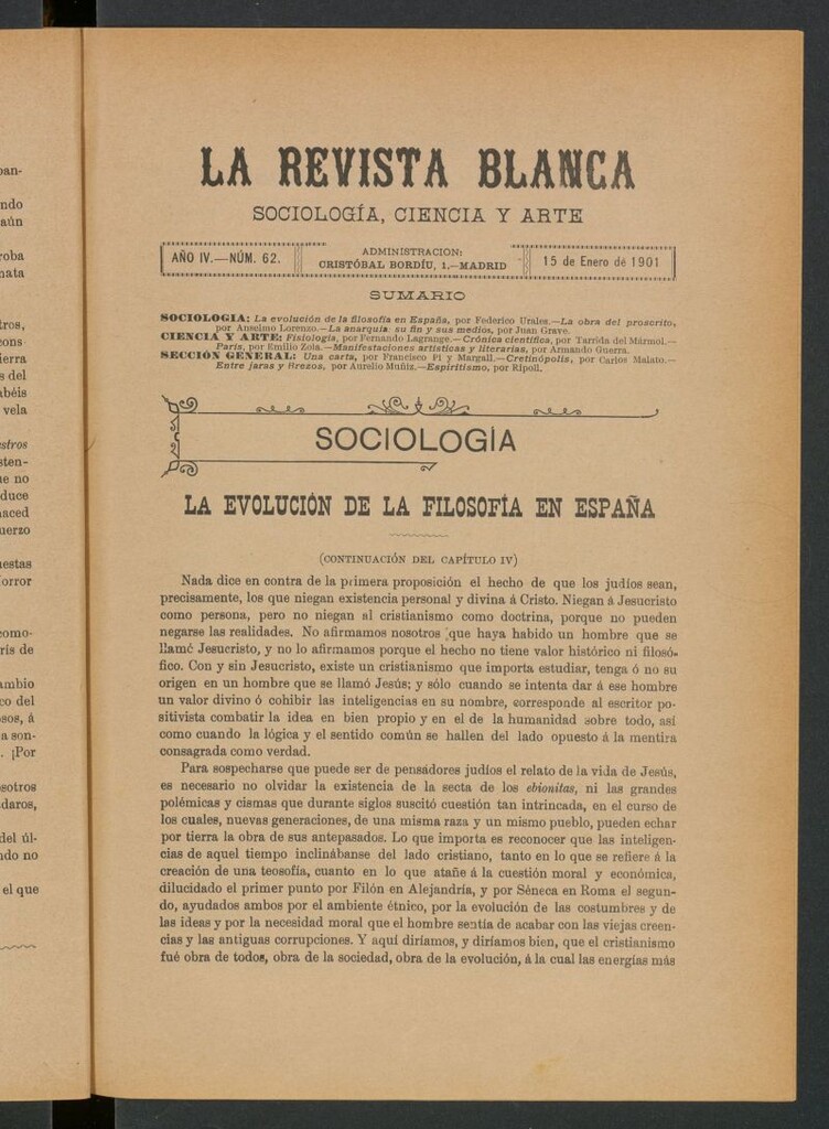 Miniatura de La Revista Blanca : publicación quincenal de sociología, ciencias y artes del 15 de enero de 1901