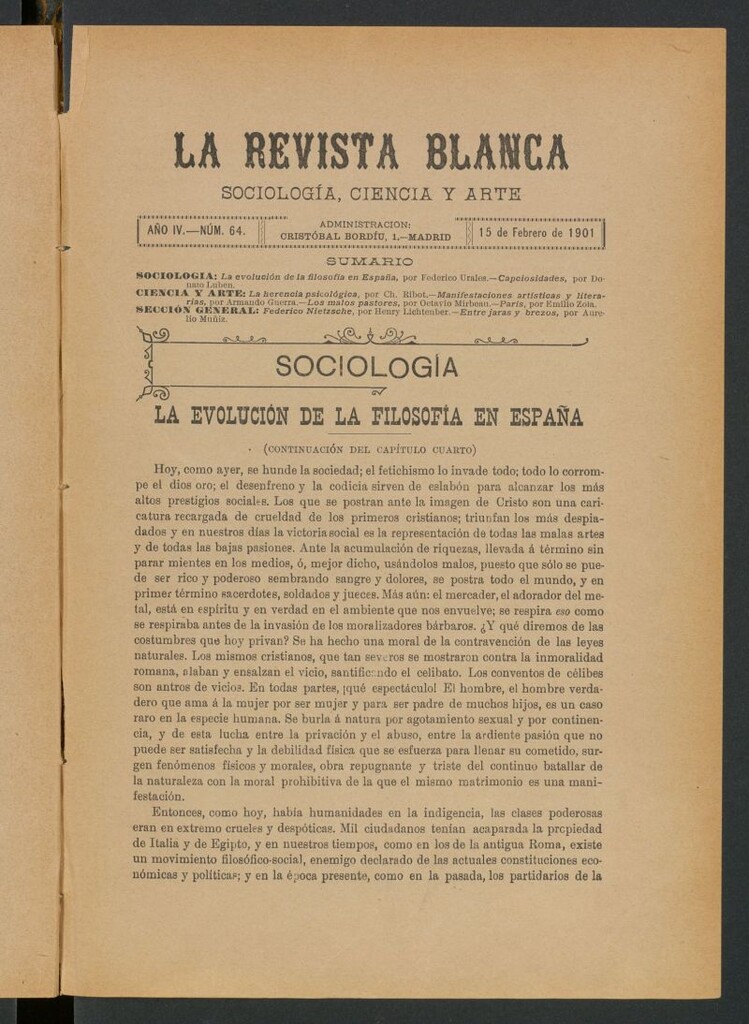Miniatura de La Revista Blanca : publicación quincenal de sociología, ciencias y artes del 15 de febrero de 1901