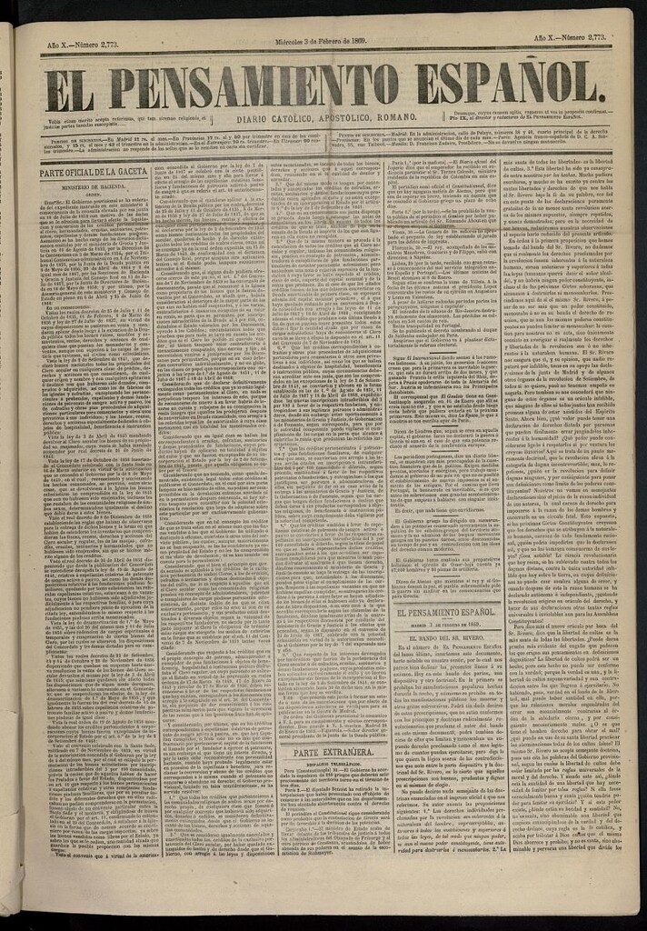 Miniatura de El Pensamiento Español dell 3 de febrero de 1869, nº 2773