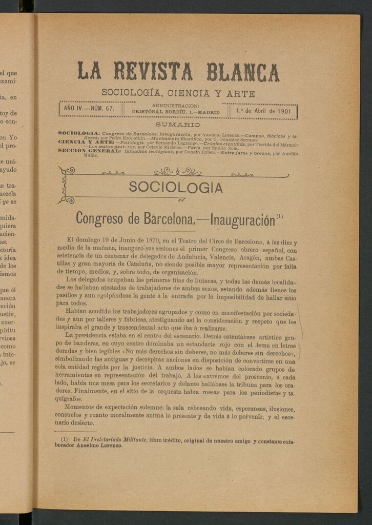 Miniatura de La Revista Blanca : publicación quincenal de sociología, ciencias y artes del 1 de abril de 1901