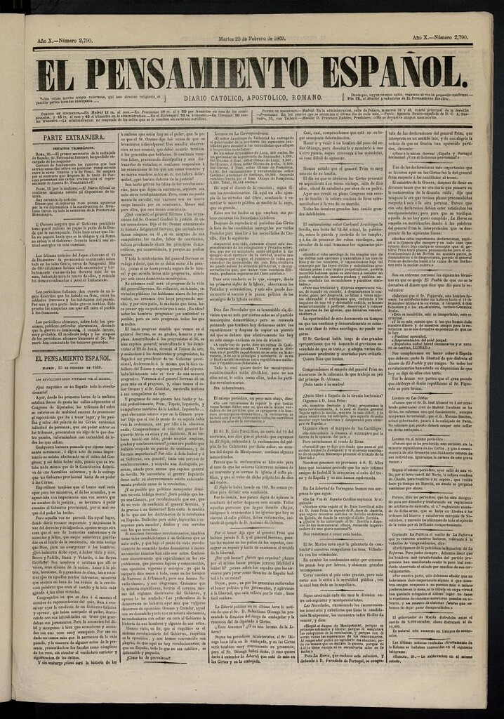 Miniatura de El Pensamiento Español del 23 de febrero de 1869, nº 2790