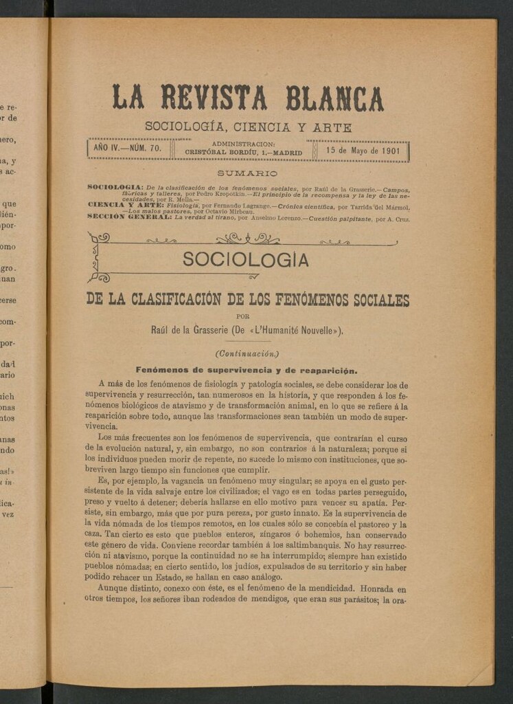 Miniatura de La Revista Blanca : publicación quincenal de sociología, ciencias y artes del 15 de mayo de 1901