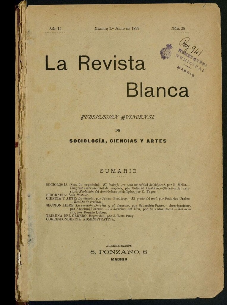 Miniatura de La Revista Blanca : publicación quincenal de sociología, ciencias y artes del 1 de julio de 1899