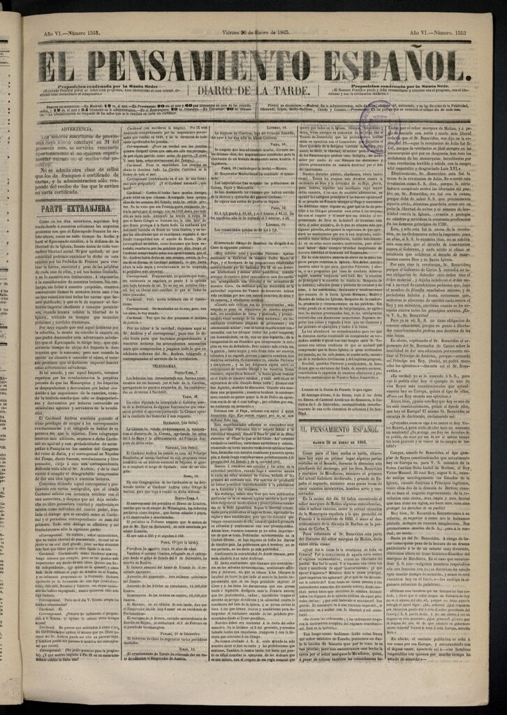 Miniatura de El Pensamiento Español del 20 de enero de 1865, nº 1553
