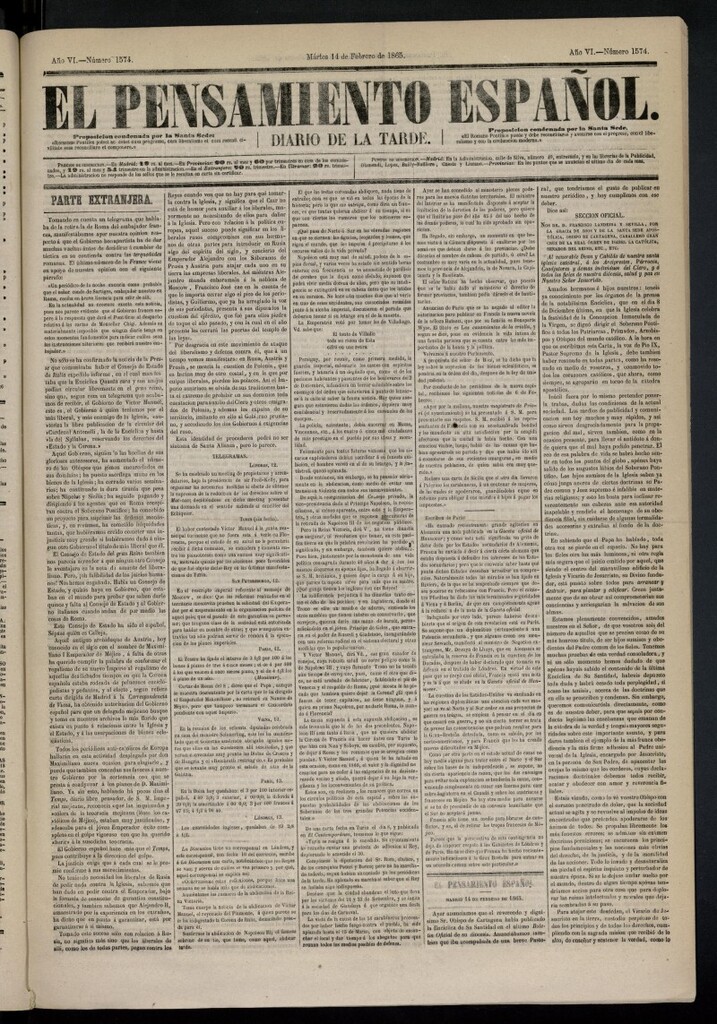 Miniatura de El Pensamiento Español del 14 de febrero de 1865, nº 1574