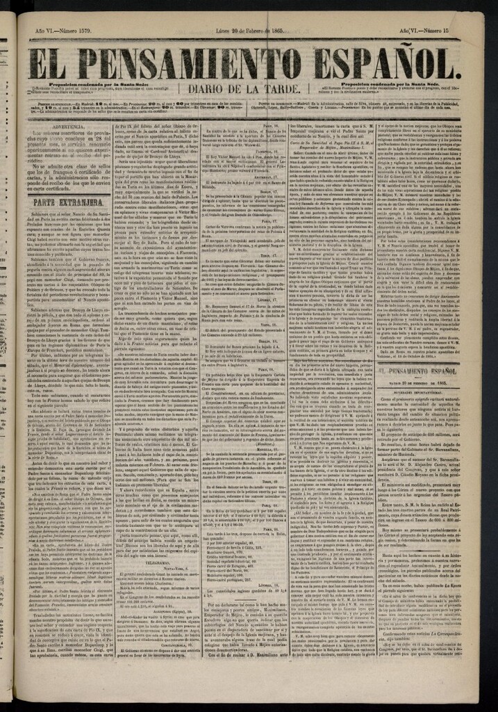 Miniatura de El Pensamiento Español del 20 de febrero de 1865, nº 1579