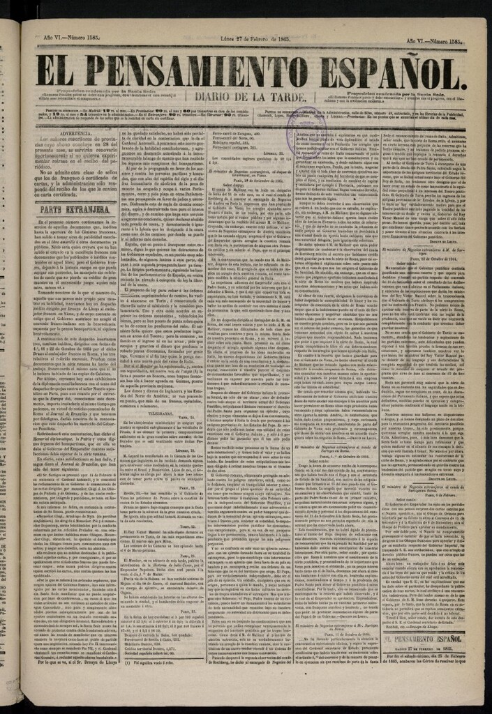 Miniatura de El Pensamiento Español del 27 de febrero de 1865, nº 1585