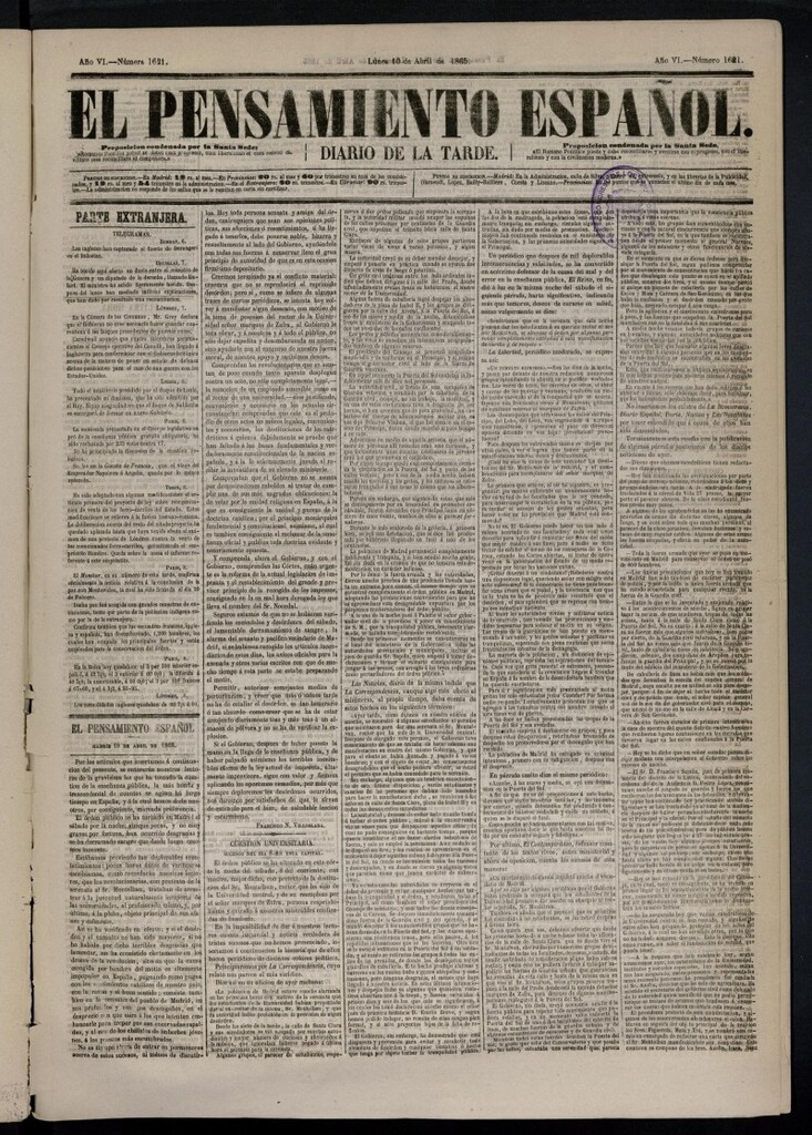 Miniatura de El Pensamiento Español del 10 de abril de 1865, nº 1621