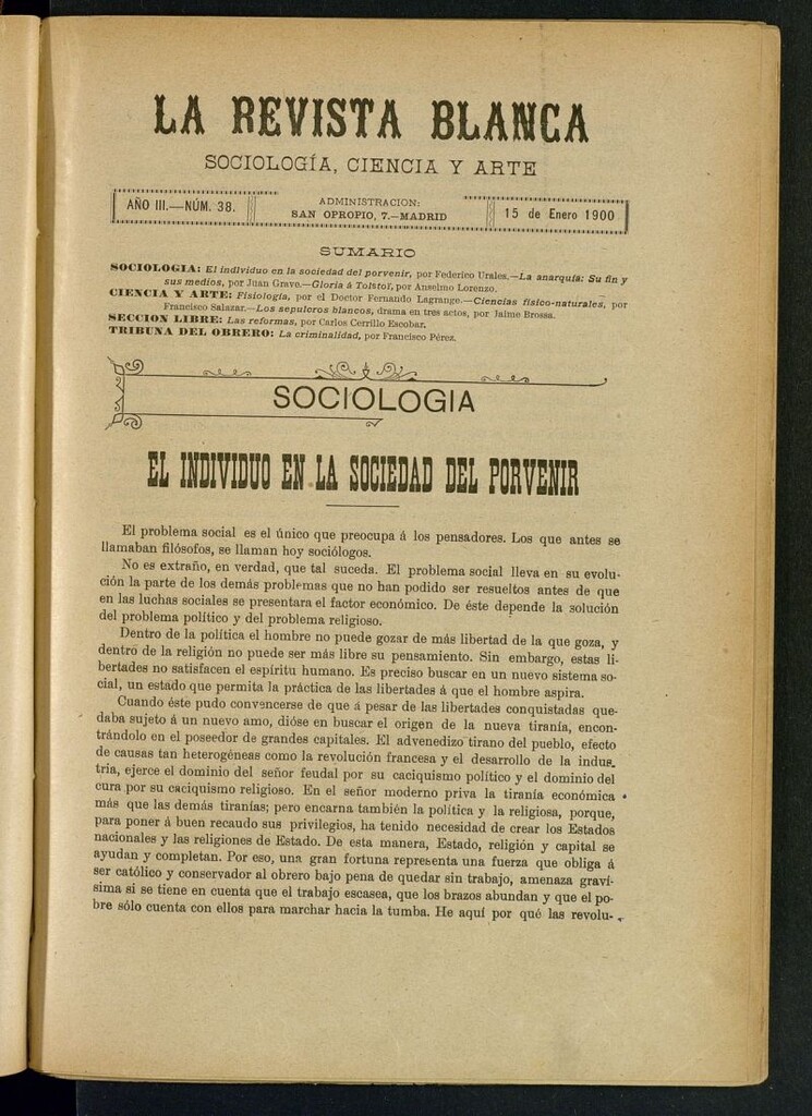 Miniatura de La Revista Blanca : publicación quincenal de sociología, ciencias y artes del 15 de enero de 1900
