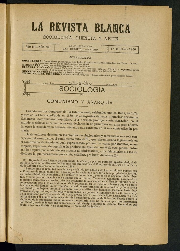 Miniatura de La Revista Blanca : publicación quincenal de sociología, ciencias y artes del 1 de febrero de 1900