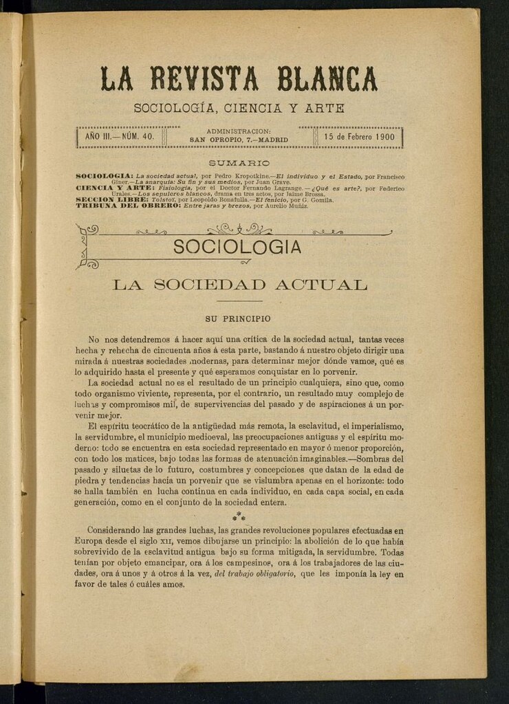 Miniatura de La Revista Blanca : publicación quincenal de sociología, ciencias y artes del 15 de febrero de 1900
