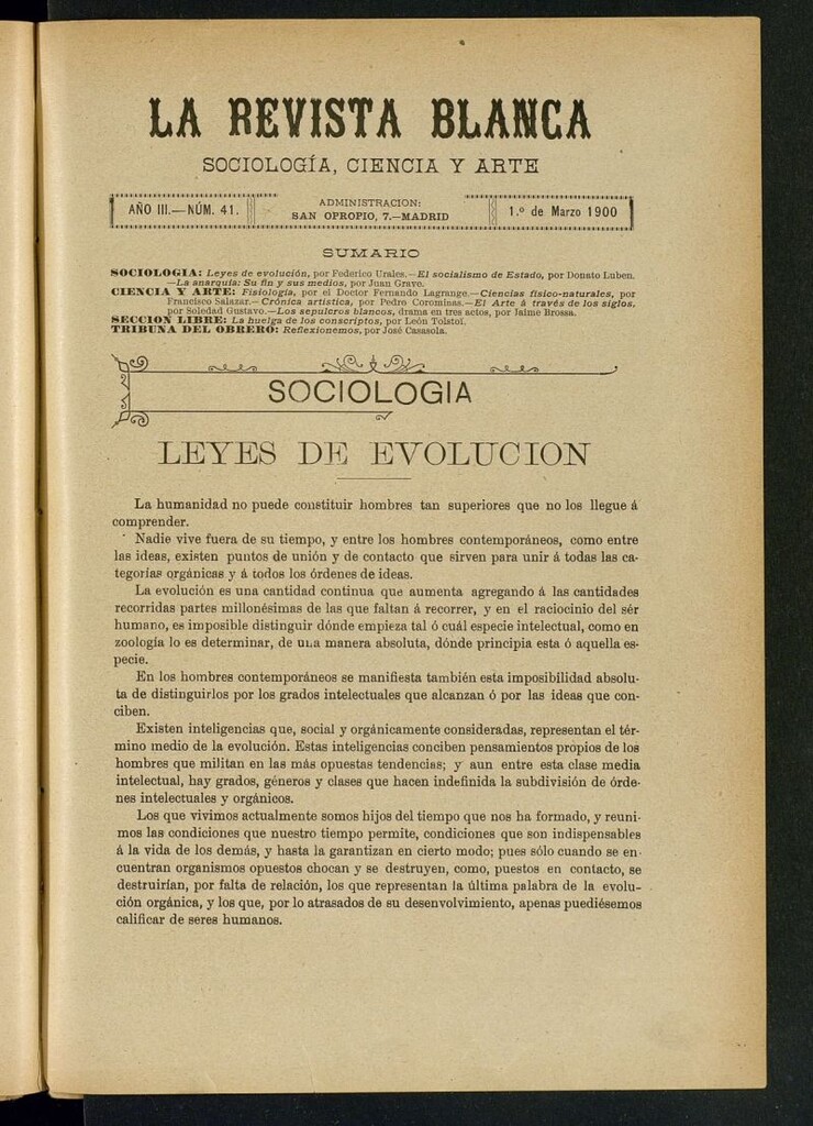 Miniatura de La Revista Blanca : publicación quincenal de sociología, ciencias y artes del 1 de marzo de 1900
