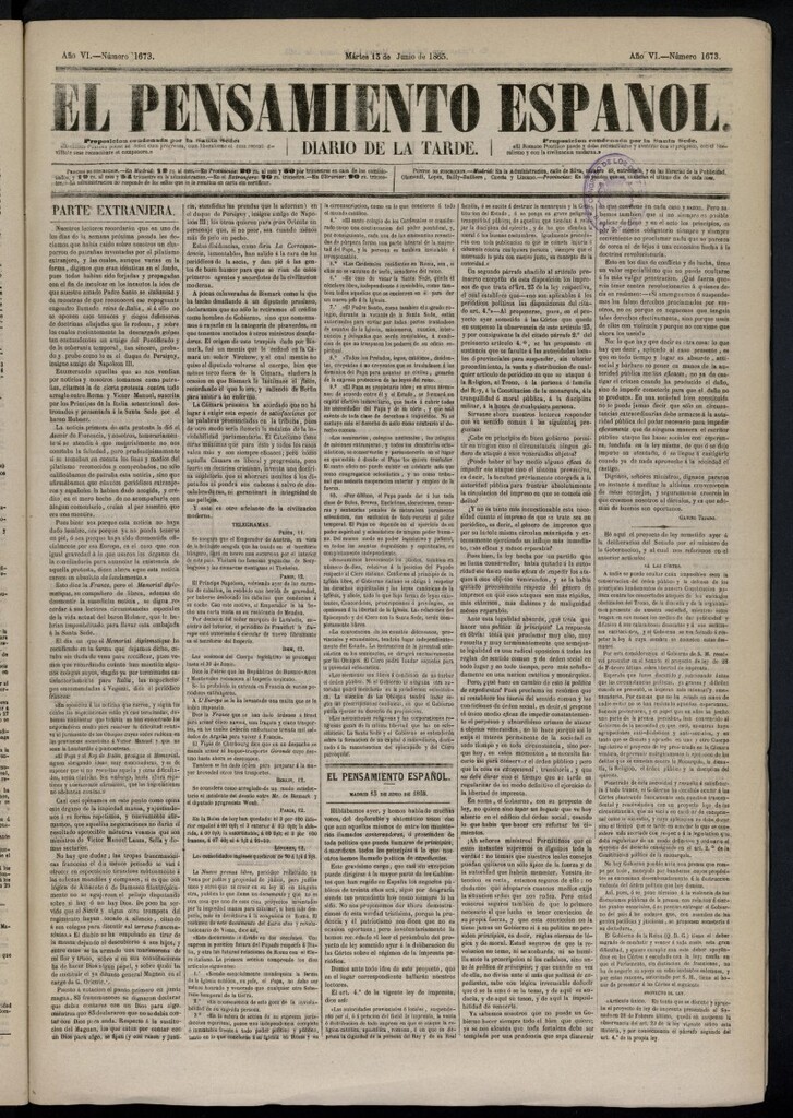 Miniatura de El Pensamiento Español del 13 de junio de 1865, nº 1673