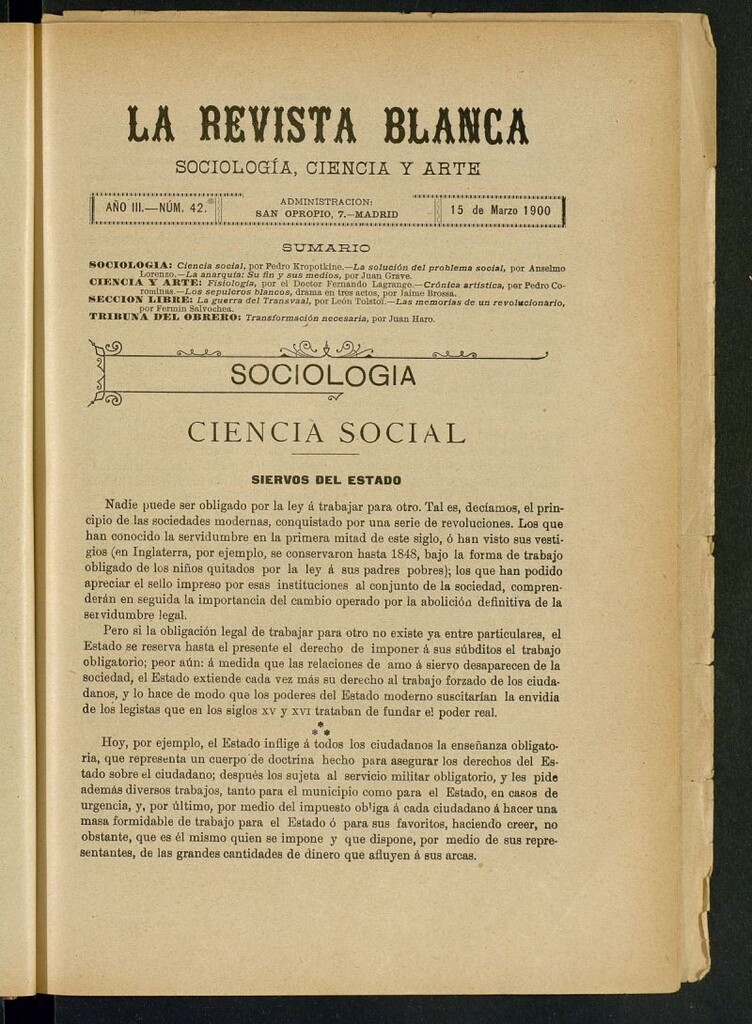 Miniatura de La Revista Blanca : publicación quincenal de sociología, ciencias y artes del 15 de marzo de 1900