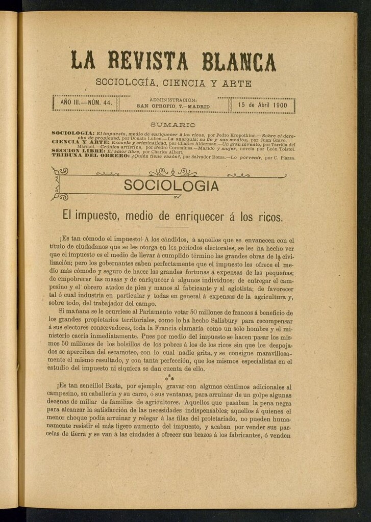 Miniatura de La Revista Blanca : publicación quincenal de sociología, ciencias y artes del 15 de abril de 1900