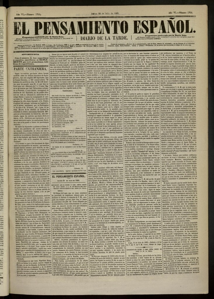 Miniatura de El Pensamiento Español del 20 de julio de 1865, nº 1702