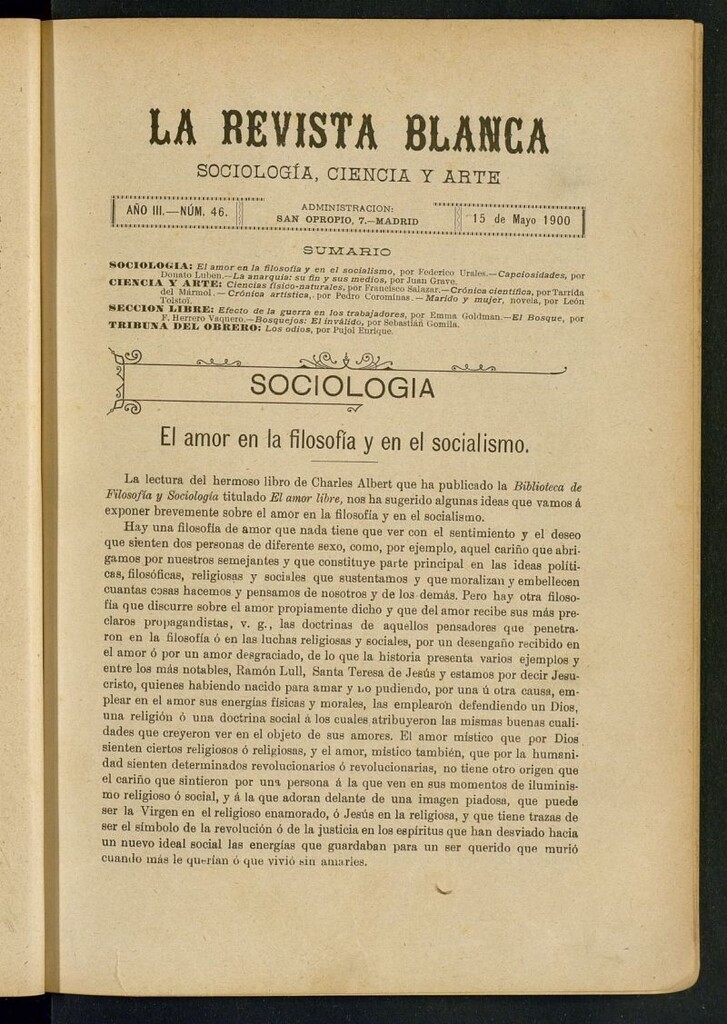 Miniatura de La Revista Blanca : publicación quincenal de sociología, ciencias y artes del 15 de mayo de 1900