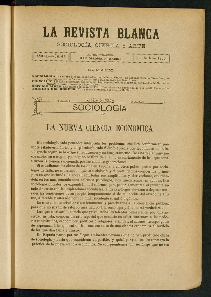 Miniatura de La Revista Blanca : publicación quincenal de sociología, ciencias y artes del 1 de junio de 1900
