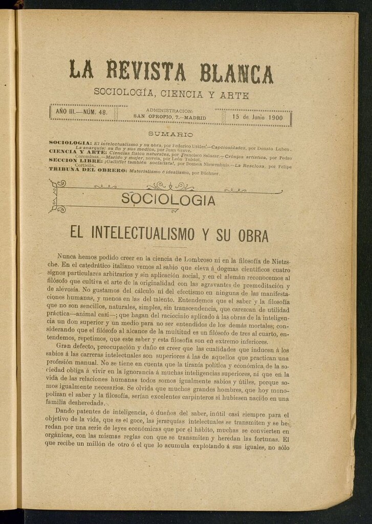 Miniatura de La Revista Blanca : publicación quincenal de sociología, ciencias y artes del 15 de junio de 1900