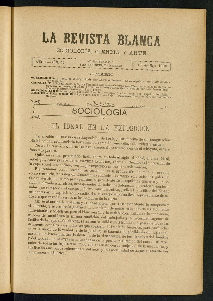 Miniatura de La Revista Blanca : publicación quincenal de sociología, ciencias y artes del 1 de mayo de 1900