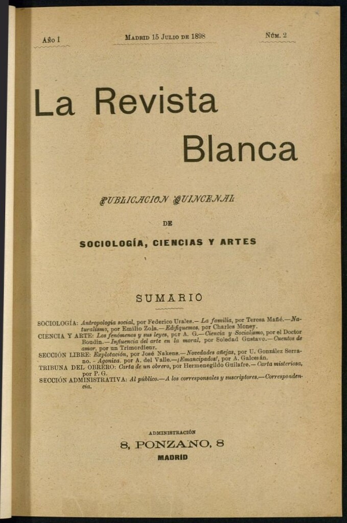 Miniatura de La Revista Blanca : publicación quincenal de sociología, ciencias y artes del 15 de julio de 1898