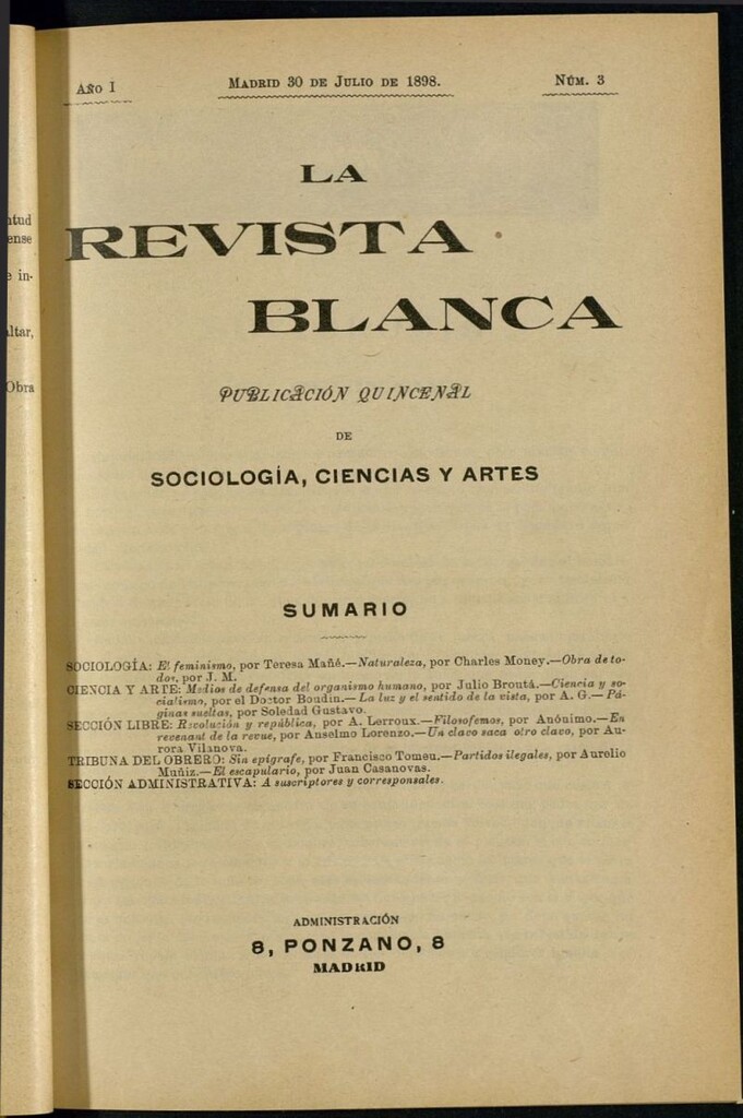 Miniatura de La Revista Blanca : publicación quincenal de sociología, ciencias y artes del 30 de julio de 1898