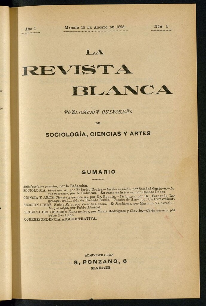 Miniatura de La Revista Blanca : publicación quincenal de sociología, ciencias y artes del 15 de agosto de 1898