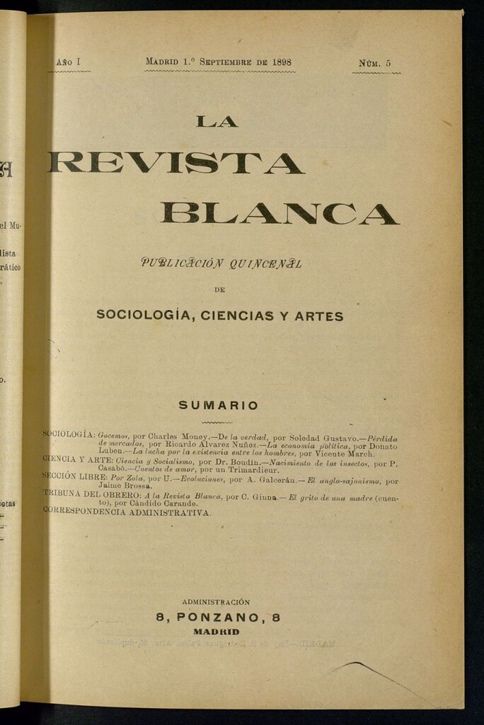 Miniatura de La Revista Blanca : publicación quincenal de sociología, ciencias y artes del 1 de septiembre de 1898