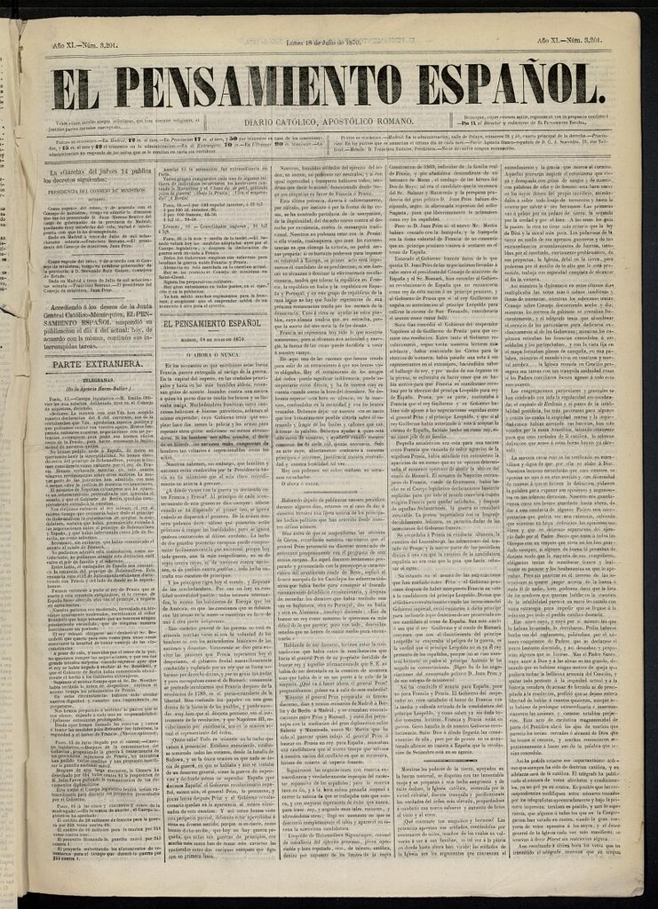 Miniatura de El Pensamiento Español del 18 de julio de 1870, nº 3201