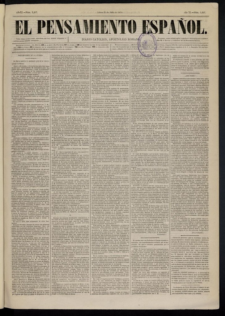Miniatura de El Pensamiento Español del 25 de julio de 1870, nº 3207