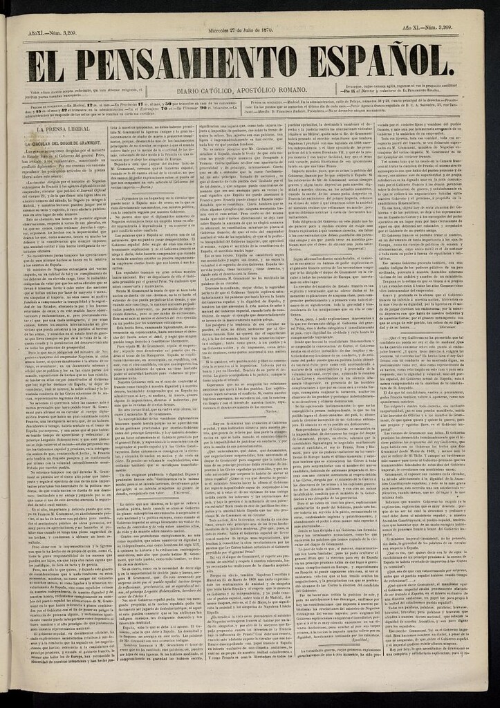 Miniatura de El Pensamiento Español del 27 de julio de 1870, nº 3209