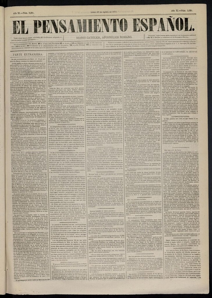 Miniatura de El Pensamiento Español del 22 de agosto de 1870, nº 3231