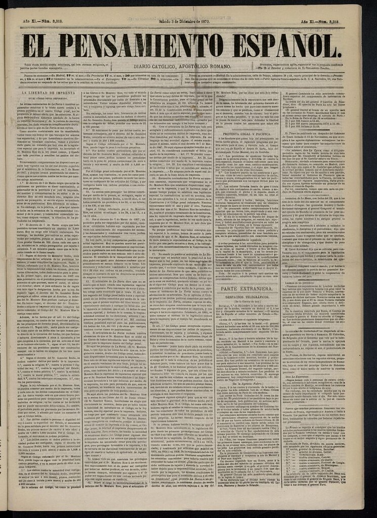 Miniatura de El Pensamiento Español del 3 de diciembre de 1870, nº 3318