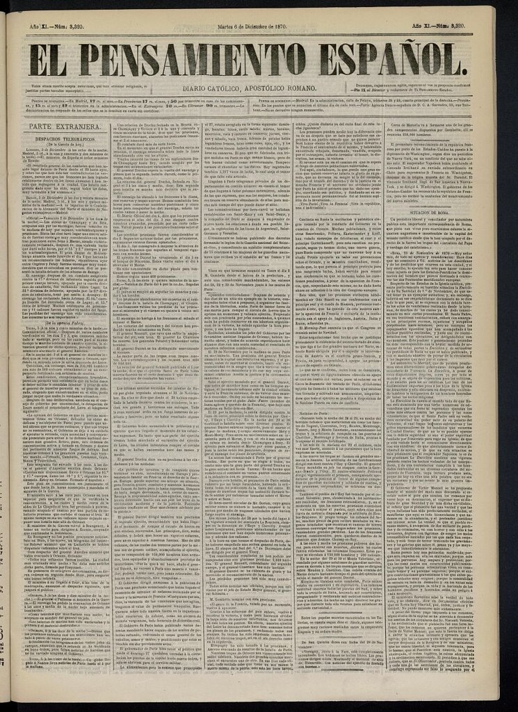 Miniatura de El Pensamiento Español del 6 de diciembre de 1870, nº 3320