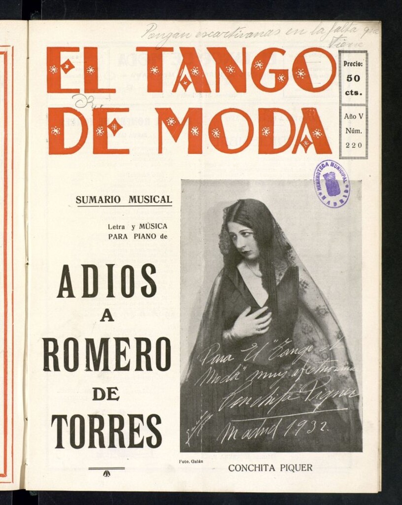 Miniatura de El Tango de Moda : revista popular hispano-americana. Aparece los sábados. Nº 220
