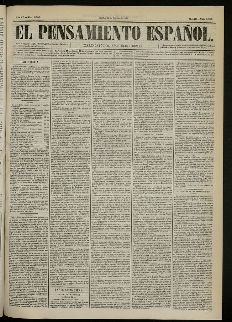Miniatura de El Pensamiento Español del 22 de agosto de 1871, nº 3533