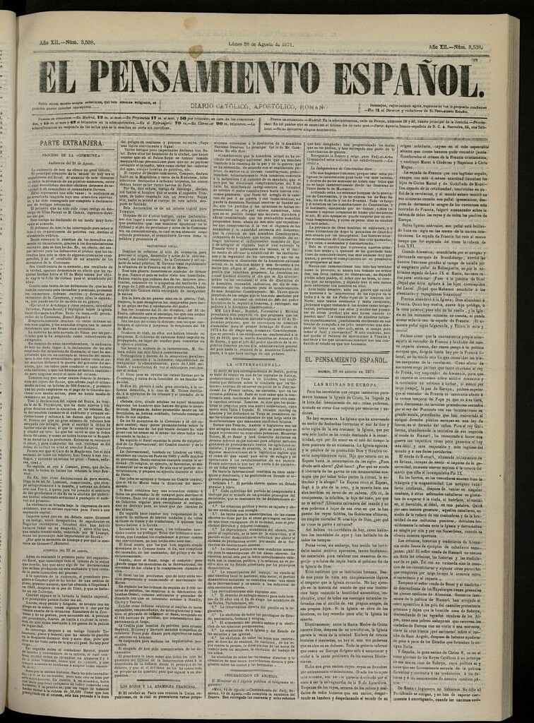 Miniatura de El Pensamiento Español del 28 de agosto de 1871, nº 3538
