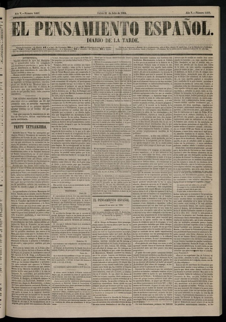 Miniatura de El Pensamiento Español del 21 de julio de 1864, nº 1400