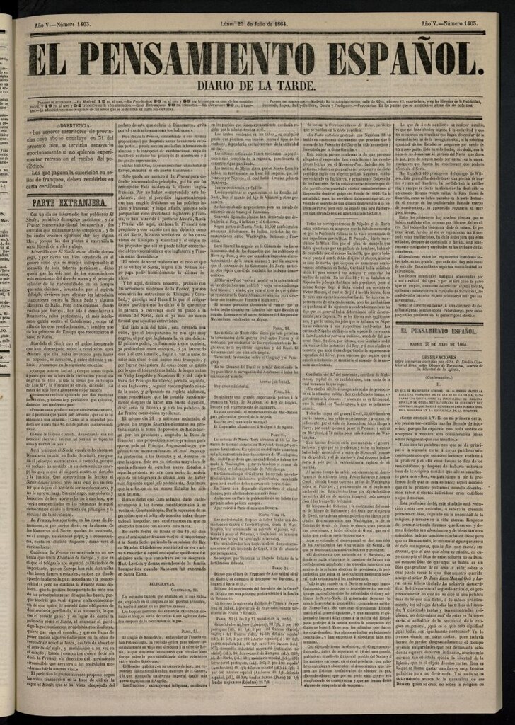 Miniatura de El Pensamiento Español del 25 de julio de 1864, nº 1403