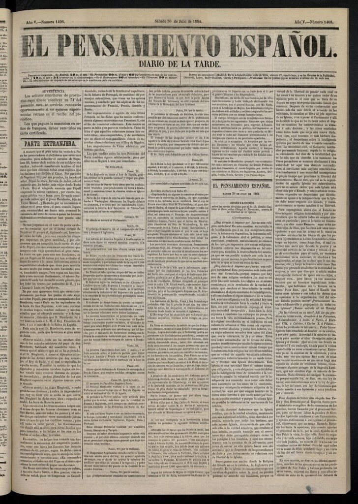 Miniatura de El Pensamiento Español del 30 de julio de 1864, nº 1408