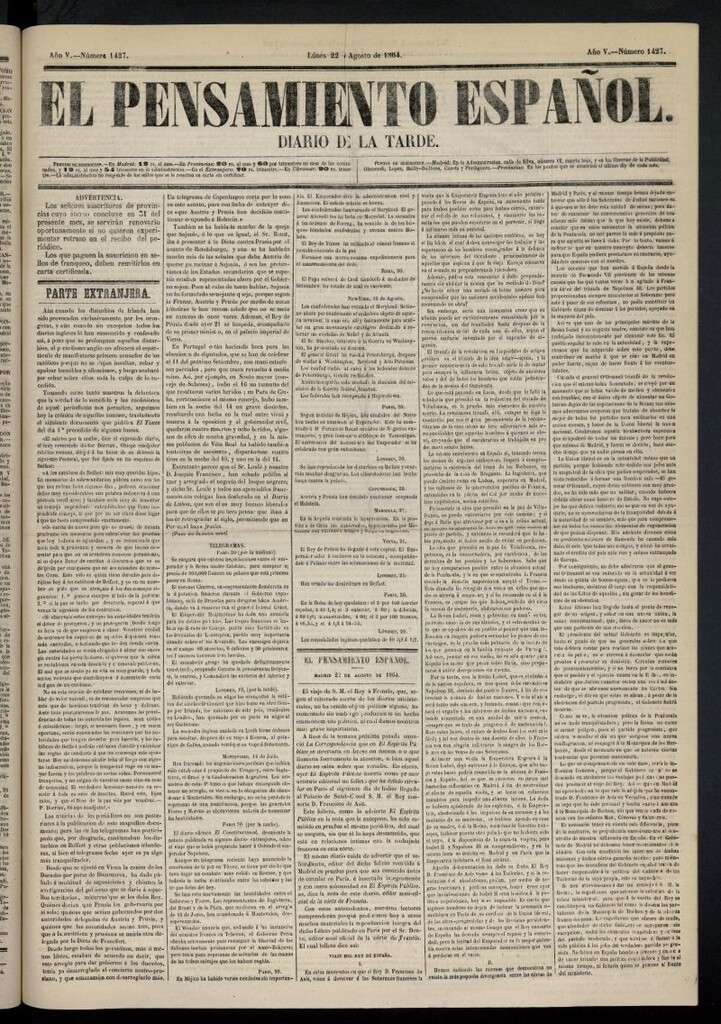Miniatura de El Pensamiento Español del 22 de agosto de 1864, nº 1427